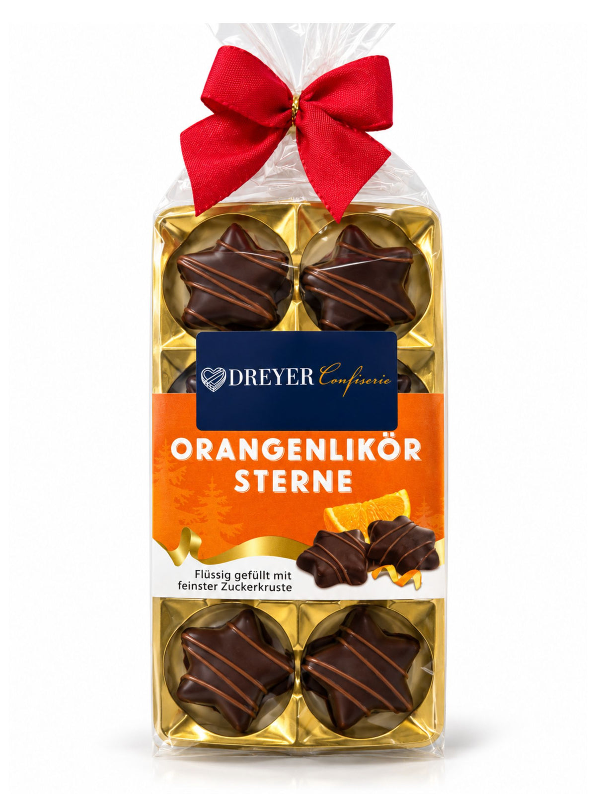 Orangenlikör-Sterne mit Bitterschokolade 100g von Dreyer Confiserie mit flüssiger Orangenlikör-Füllung