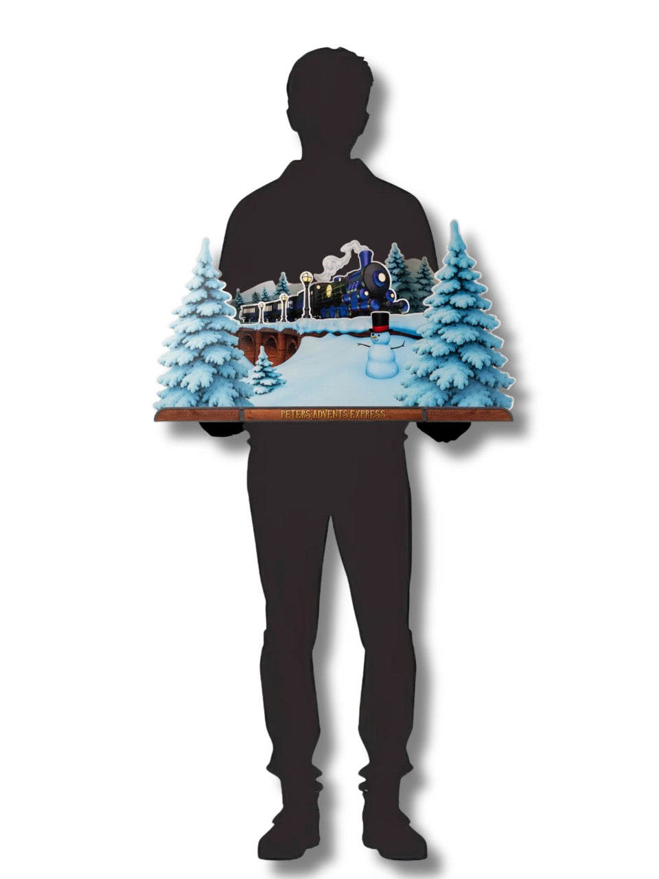 PETERS AdventsExpress Adventskalender 300 g – nostalgische Lokomotive in verschneiter Winterlandschaft, Größen Perspektive.