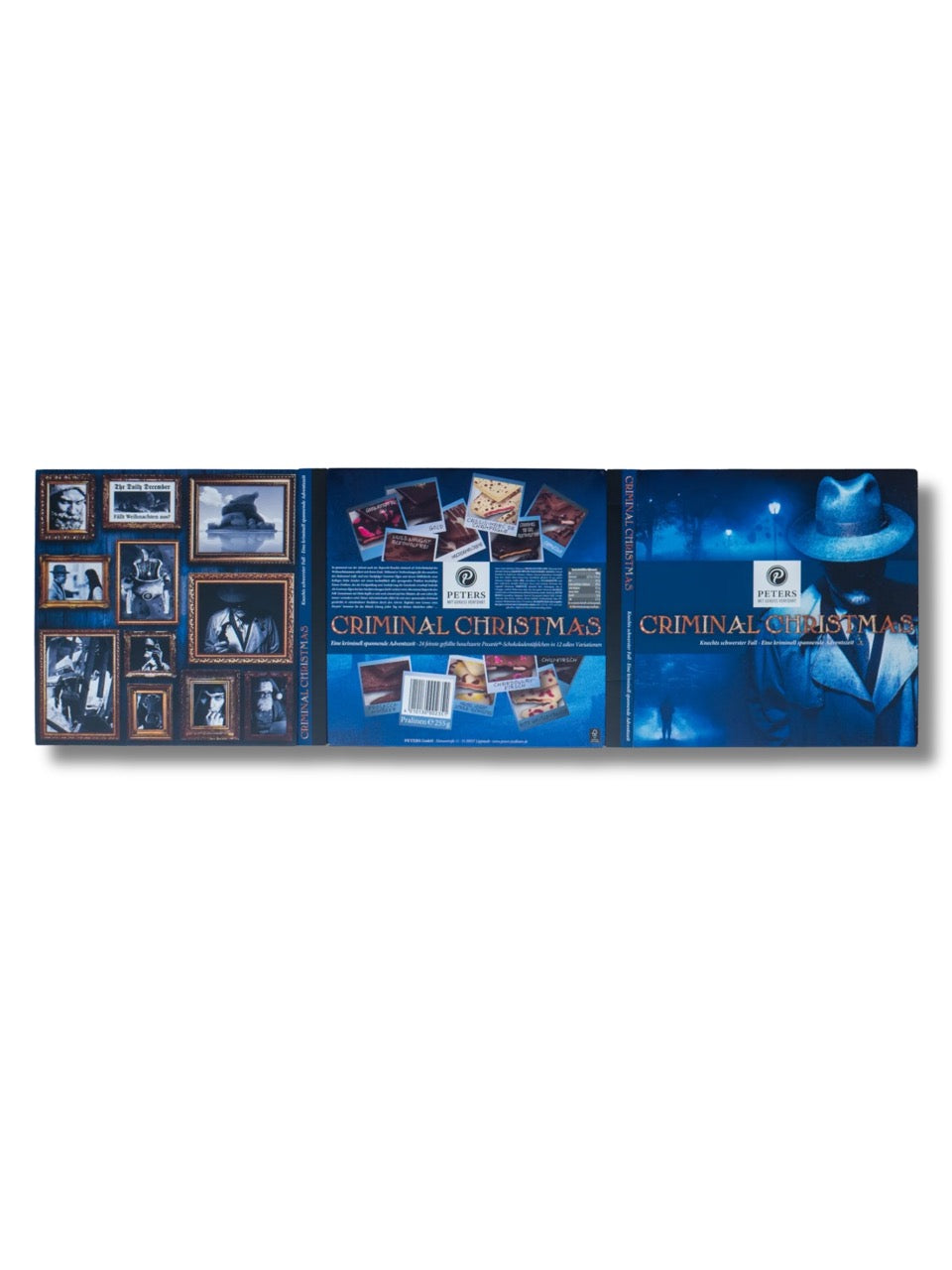 Criminal Christmas Adventskalender Knechts schwerster Fall 255 g von PETERS Pralinen – Rückseite mit Inhaltsangaben.