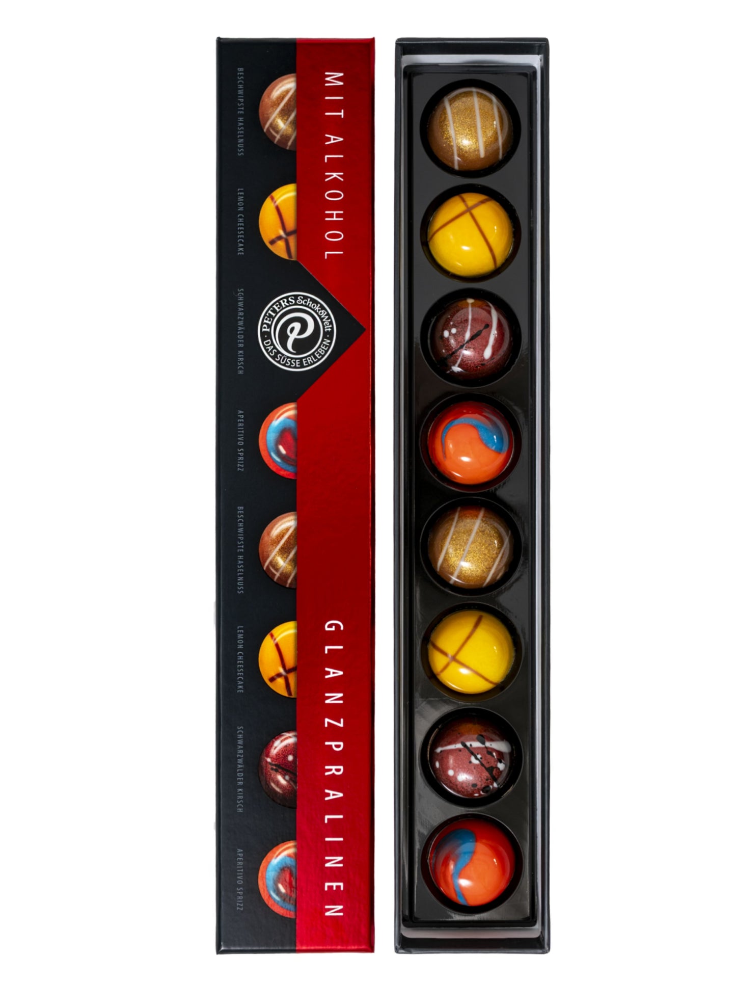 PETERS Glanzpralinen-Mischung mit Alkohol 90 g – handgefertigte Premium-Pralinen mit edlen Likör- und Spirituosenfüllungen, erhältlich in der Dreyer Confiserie in der Rattenfängerstadt Hameln.