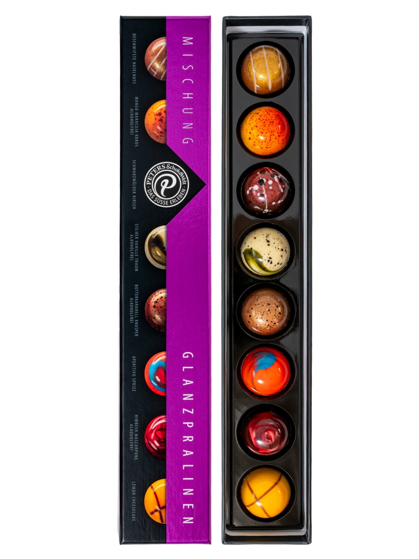 PETERS Glanzpralinen-Mischung mit & ohne Alkohol 90 g – handgefertigte Premium-Pralinen mit und ohne Spirituosenfüllung, erhältlich in der Dreyer Confiserie in der Rattenfängerstadt Hameln.