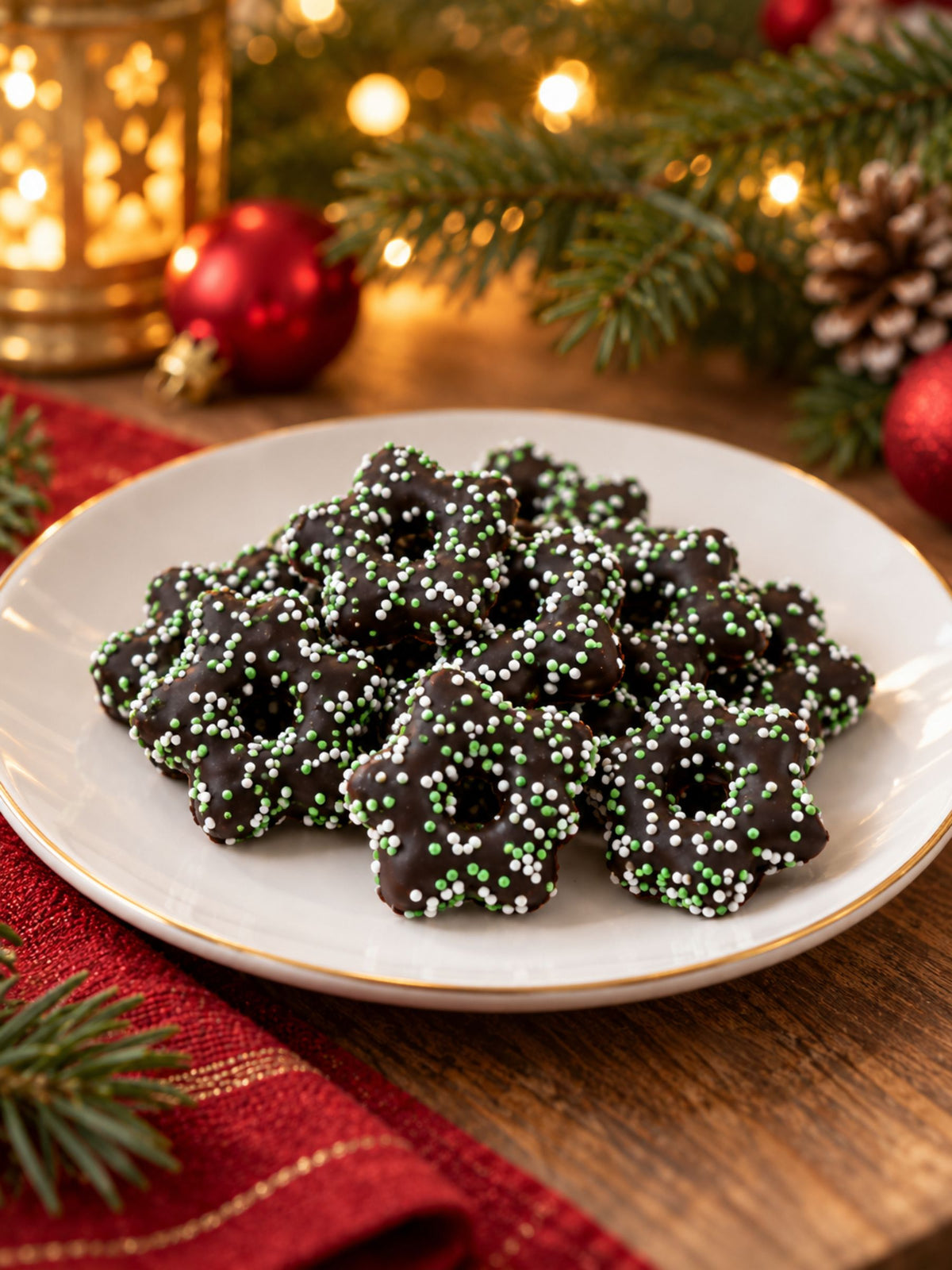 Pfefferminz-Sterne mit Zartbitterschokolade von Dreyer Confiserie in festlicher Weihnachtsdekoration