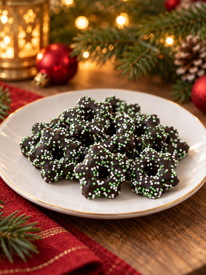 Pfefferminz-Sterne mit Zartbitterschokolade von Dreyer Confiserie in festlicher Weihnachtsdekoration