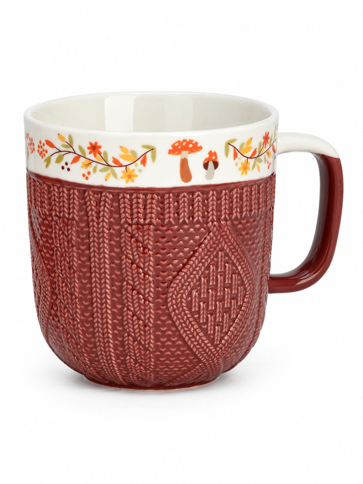 Bordeauxfarbener Porzellanbecher Herbst 350ml von G. Wurm mit Strickmuster und weißen Herbstmotiven