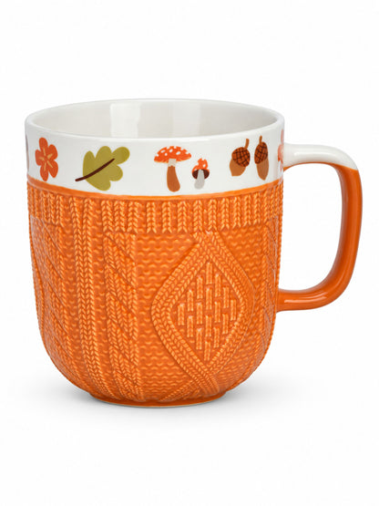 Oranger Porzellanbecher Herbst 350ml von G. Wurm mit Strickmuster und weißen Herbstmotiven