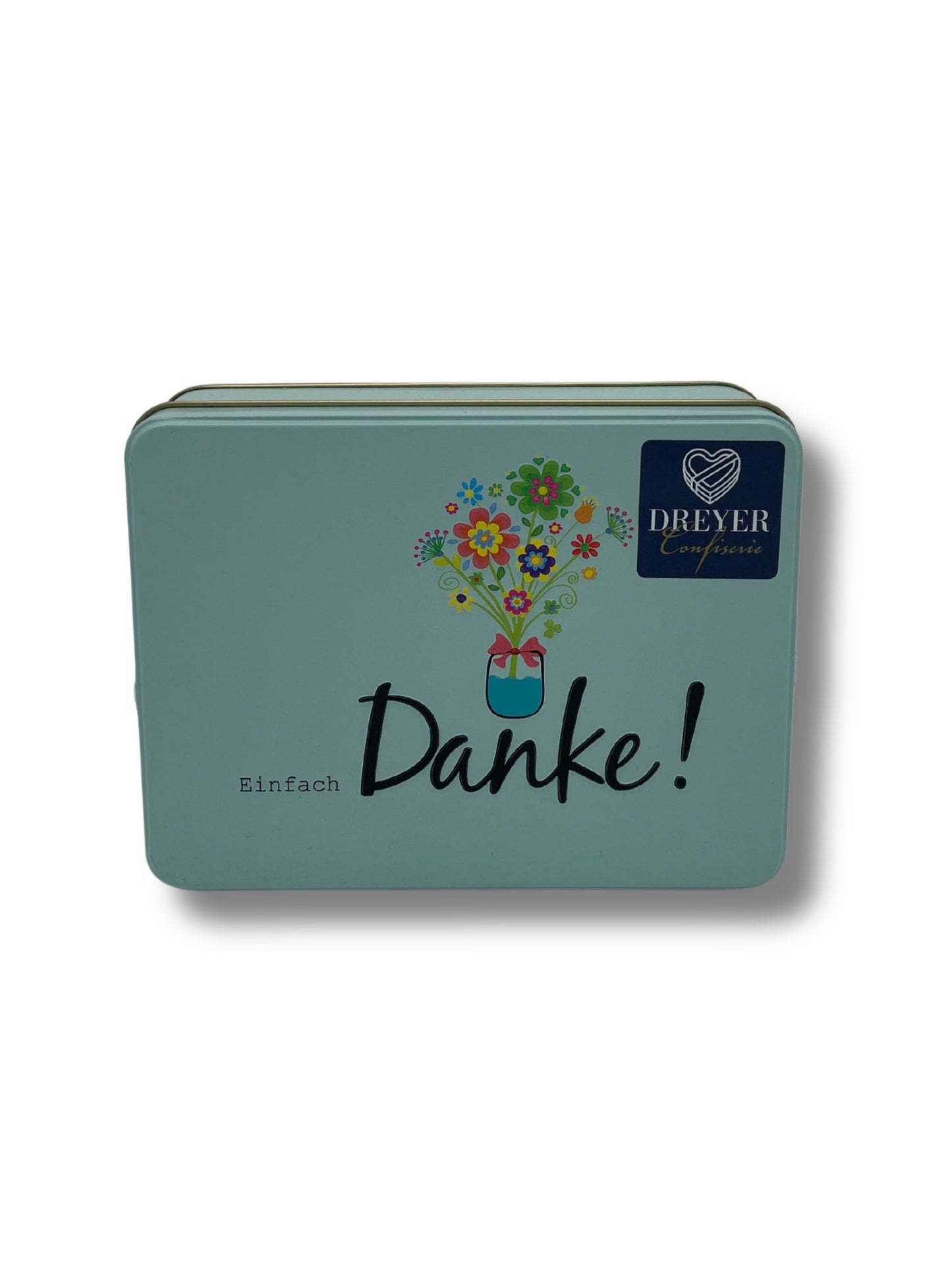 Präsentdose „Einfach Danke“ – stilvolle Pralinenmischung mit Alkohol von der Confiserie Rabbel als hochwertiges Geschenk.