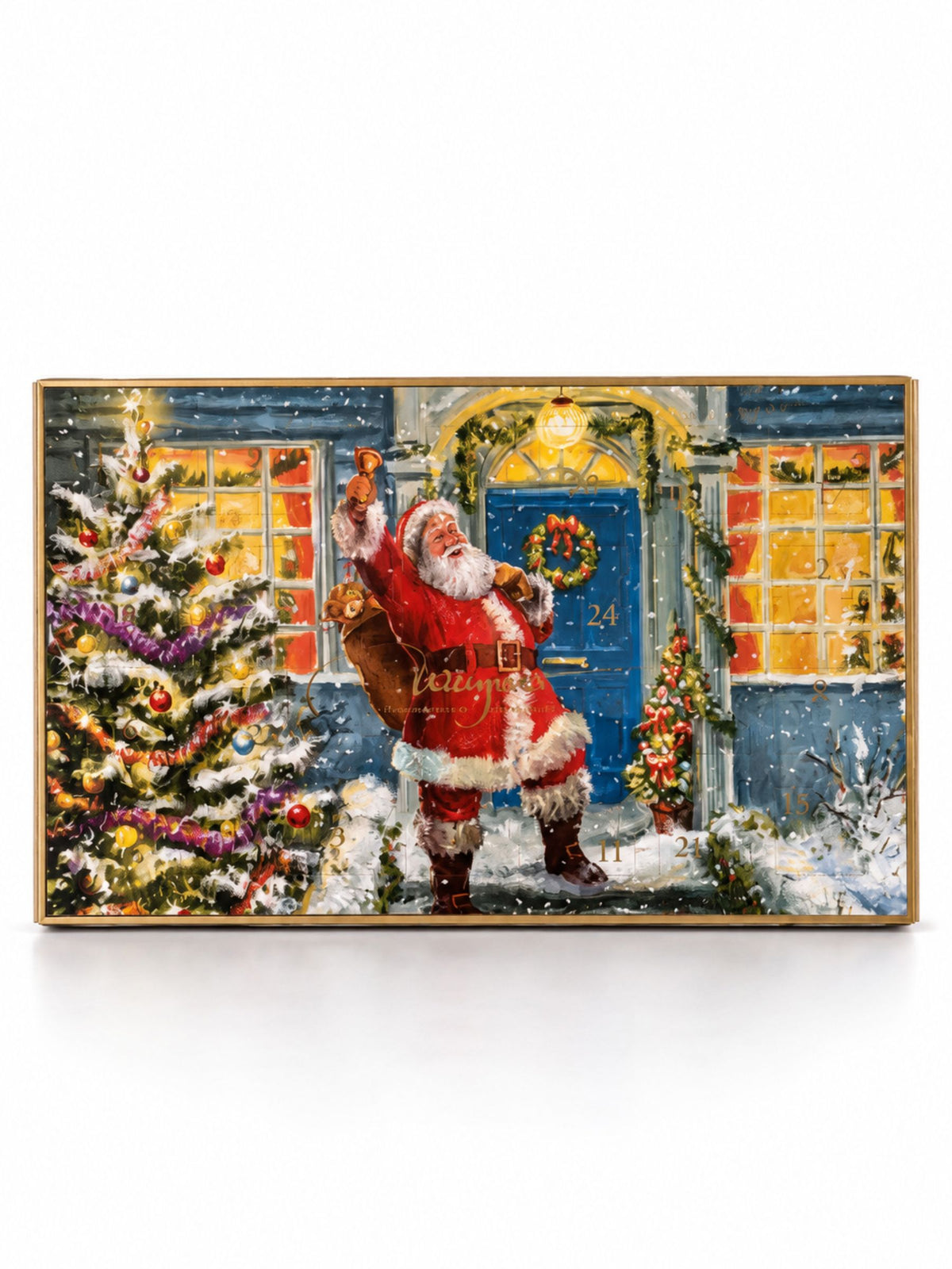 Pralinen Adventskalender Weihnachtsmann alkoholfrei 130g von Wagner Pralinen mit 24 Türchen, Weihnachtsmann, geschmücktem Tannenbaum und verschneitem Haus mit blauer Tür