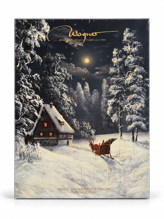 Pralinen Adventskalender Winterlandschaft 315g von Wagner Pralinen mit 24 Türchen, verschneitem Wald, beleuchtetem Winterhaus, Mondschein und Pferdeschlitten
