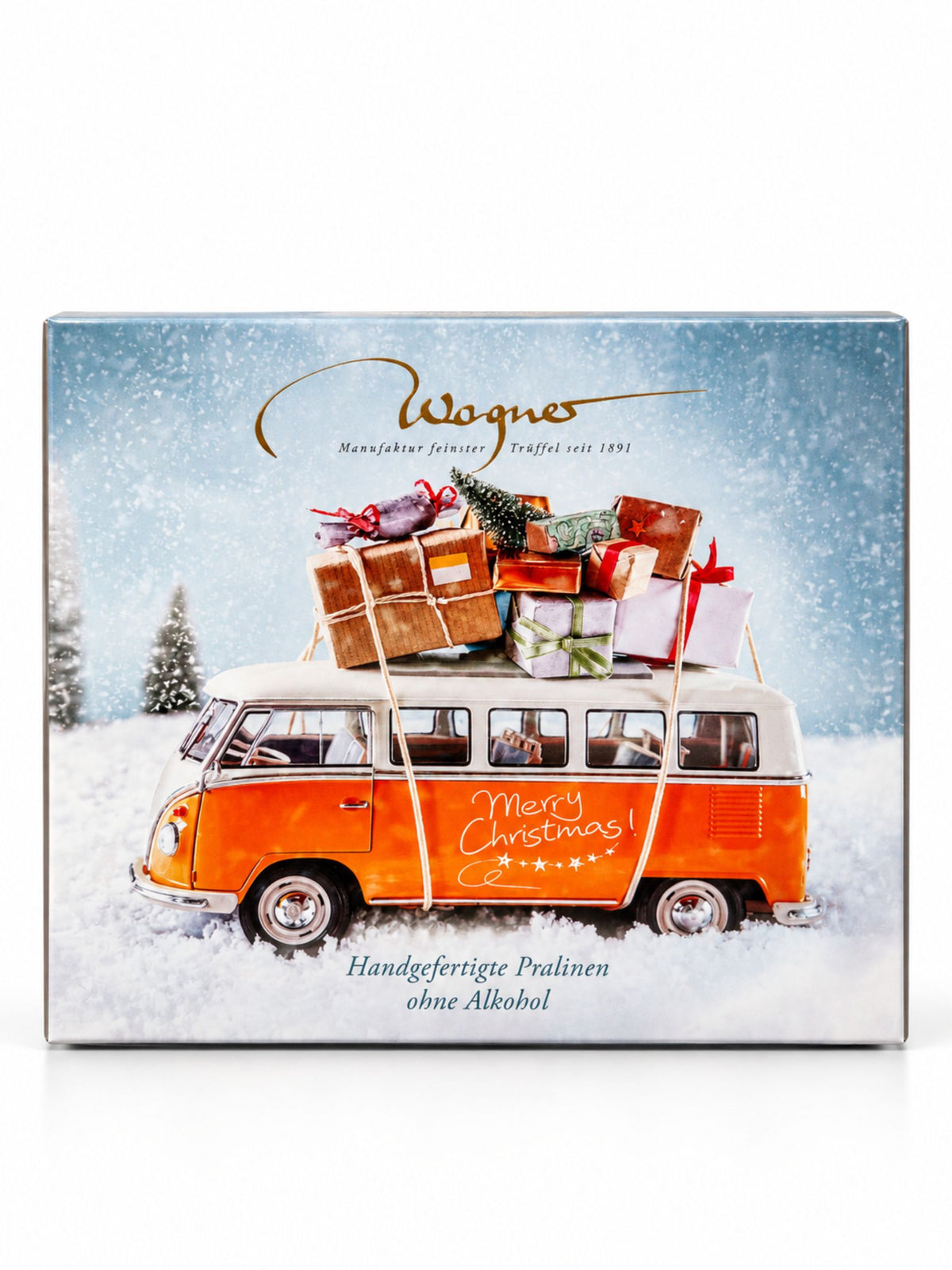 Wagner Trüffelpralinés Harmonie Merry Christmas Bulli 100 g, handgefertigte alkoholfreie Pralinenmischung in edler Geschenkbox mit VW-Bulli-Weihnachtsmotiv