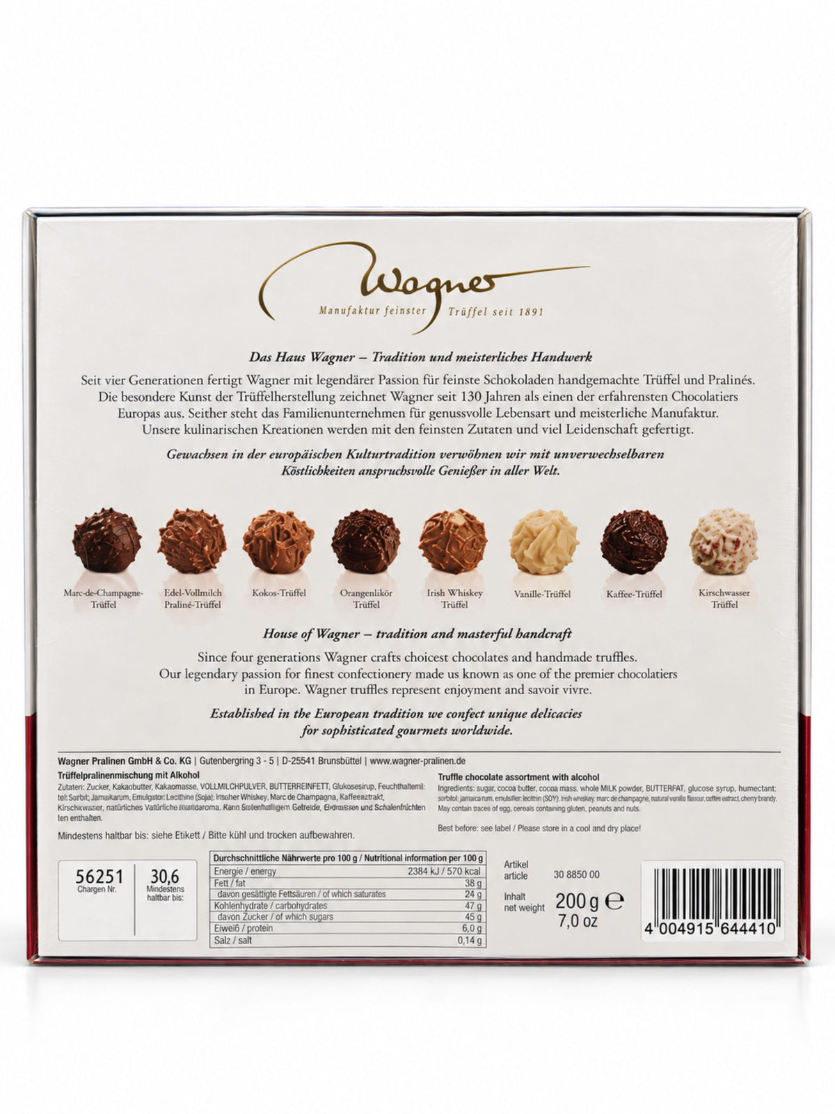 Rückseite der Pralinen ohne Alkohol Merry Christmas Bulli 200g von Wagner Pralinen mit acht Trüffelsorten, Zutaten, Allergenen und Nährwertangaben