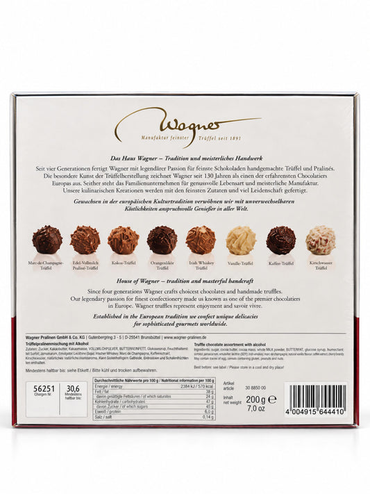 Rückseite der Pralinen ohne Alkohol Merry Christmas Bulli 200g von Wagner Pralinen mit acht Trüffelsorten, Zutaten, Allergenen und Nährwertangaben