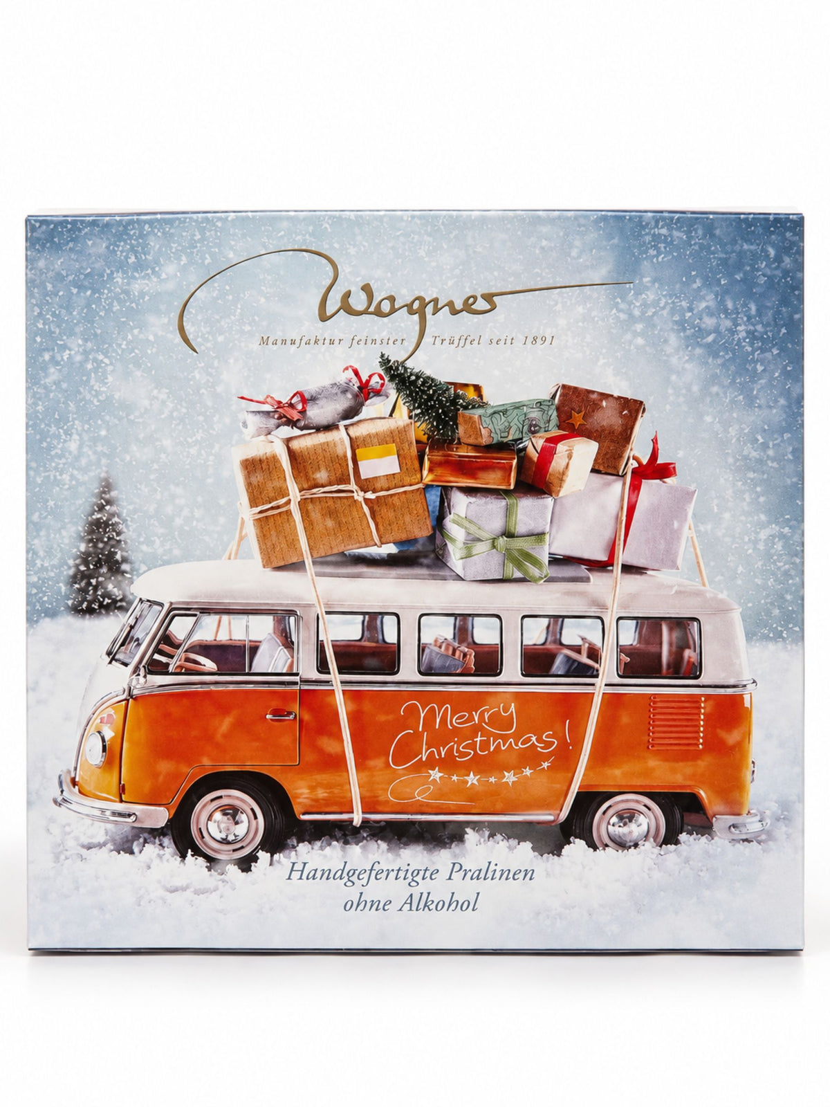Pralinen ohne Alkohol Merry Christmas Bulli 200g von Wagner Pralinen in weihnachtlicher Geschenkbox mit orangefarbenem Bulli im Schnee und Geschenken auf dem Dach