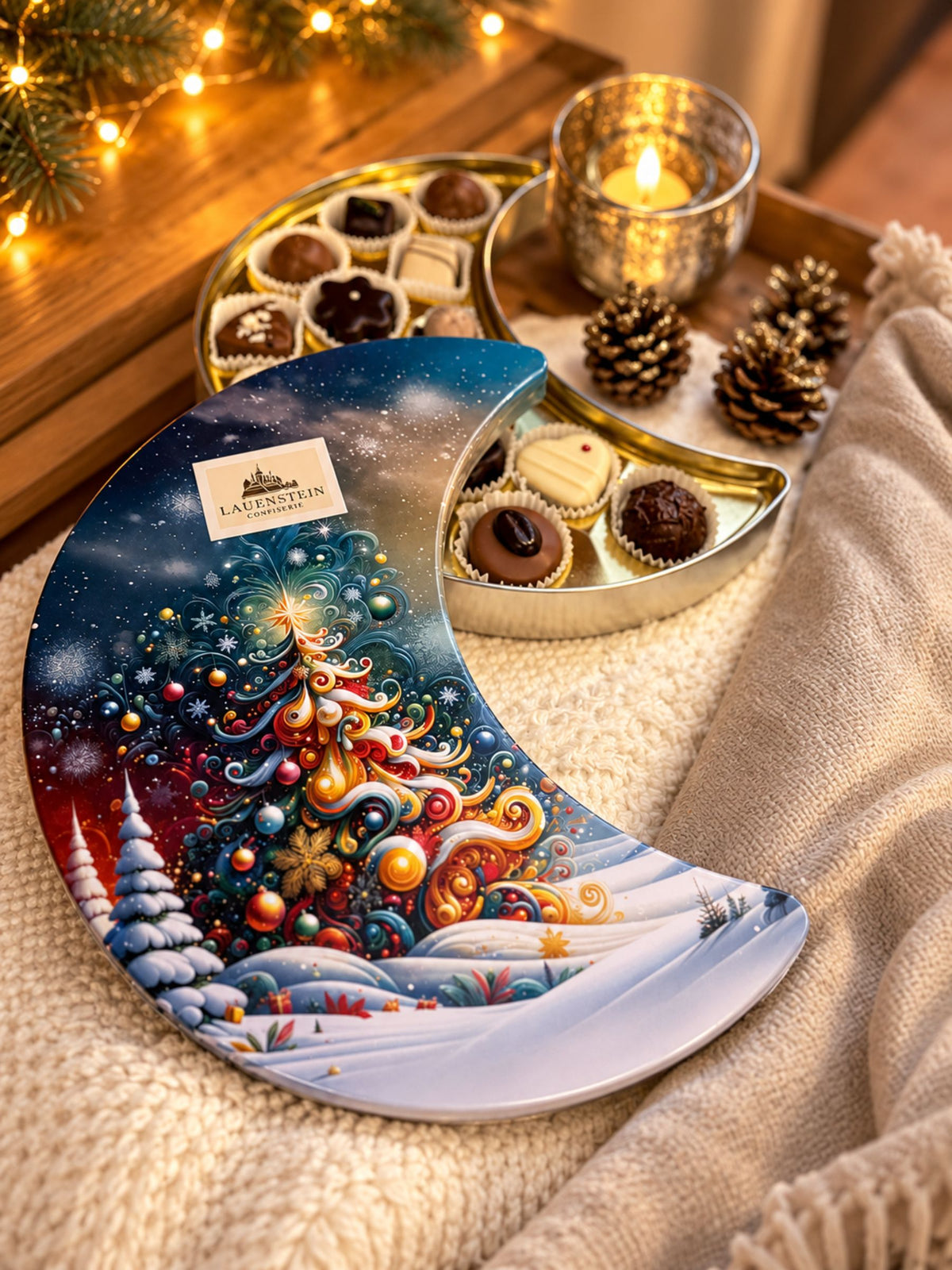 Acht weitere Pralinensorten der Lauenstein Präsentdose Mond Blau 175g mit Admiral Grog, Blätterkrokant, Glühwein, Himbeergeist, Kaffee und Marc champenois