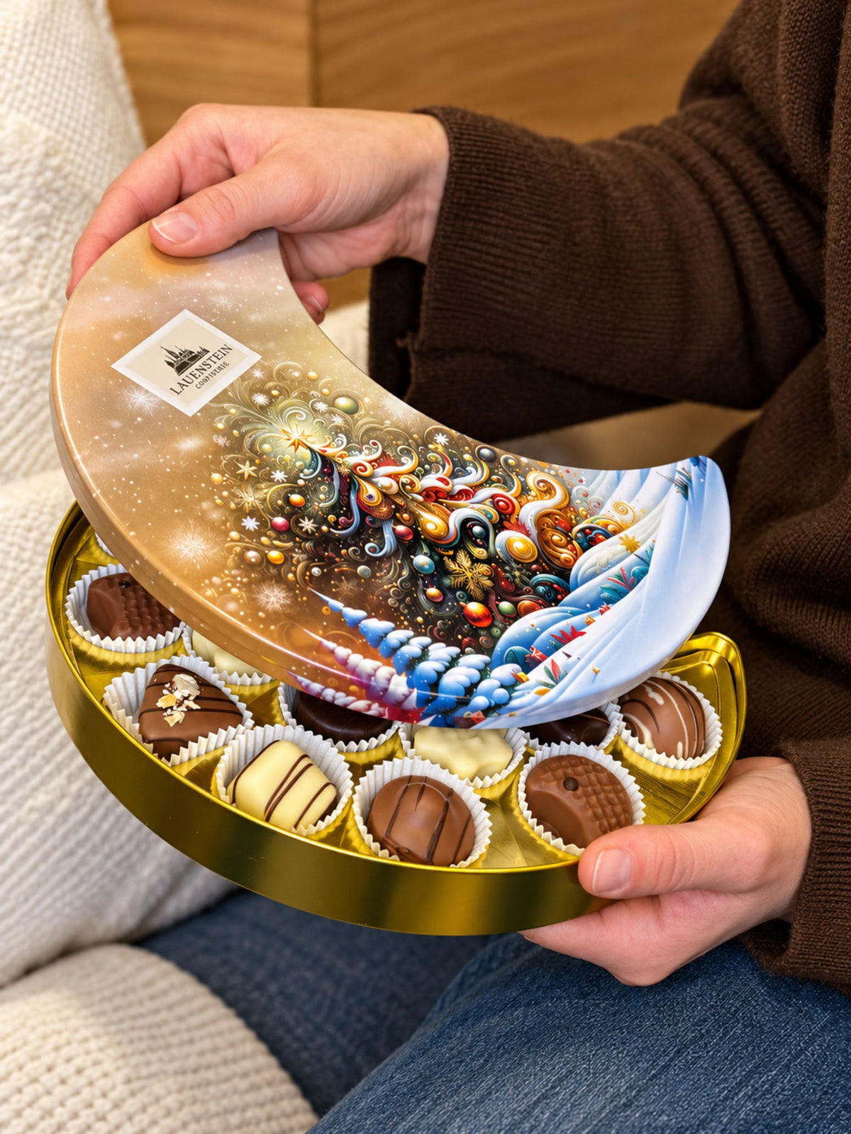 Geöffnete Pralinen Präsentdose Mond Gold 175g von Lauenstein Confiserie mit zehn verschiedenen Pralinensorten in goldfarbenem Einsatz und dekorativem Weihnachtsbaummotiv
