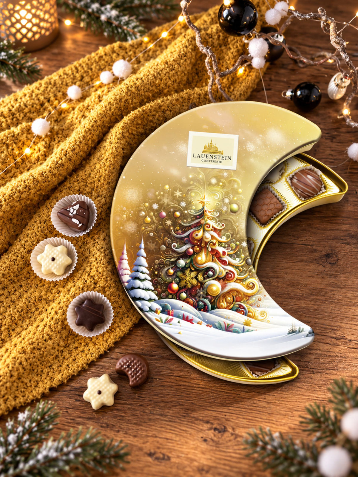 Zehn alkoholfreie Pralinensorten der Lauenstein Confiserie Präsentdose Mond Gold 175g mit Nougat, Krokant, Sahnetrüffeln und weihnachtlichen Gewürznoten
