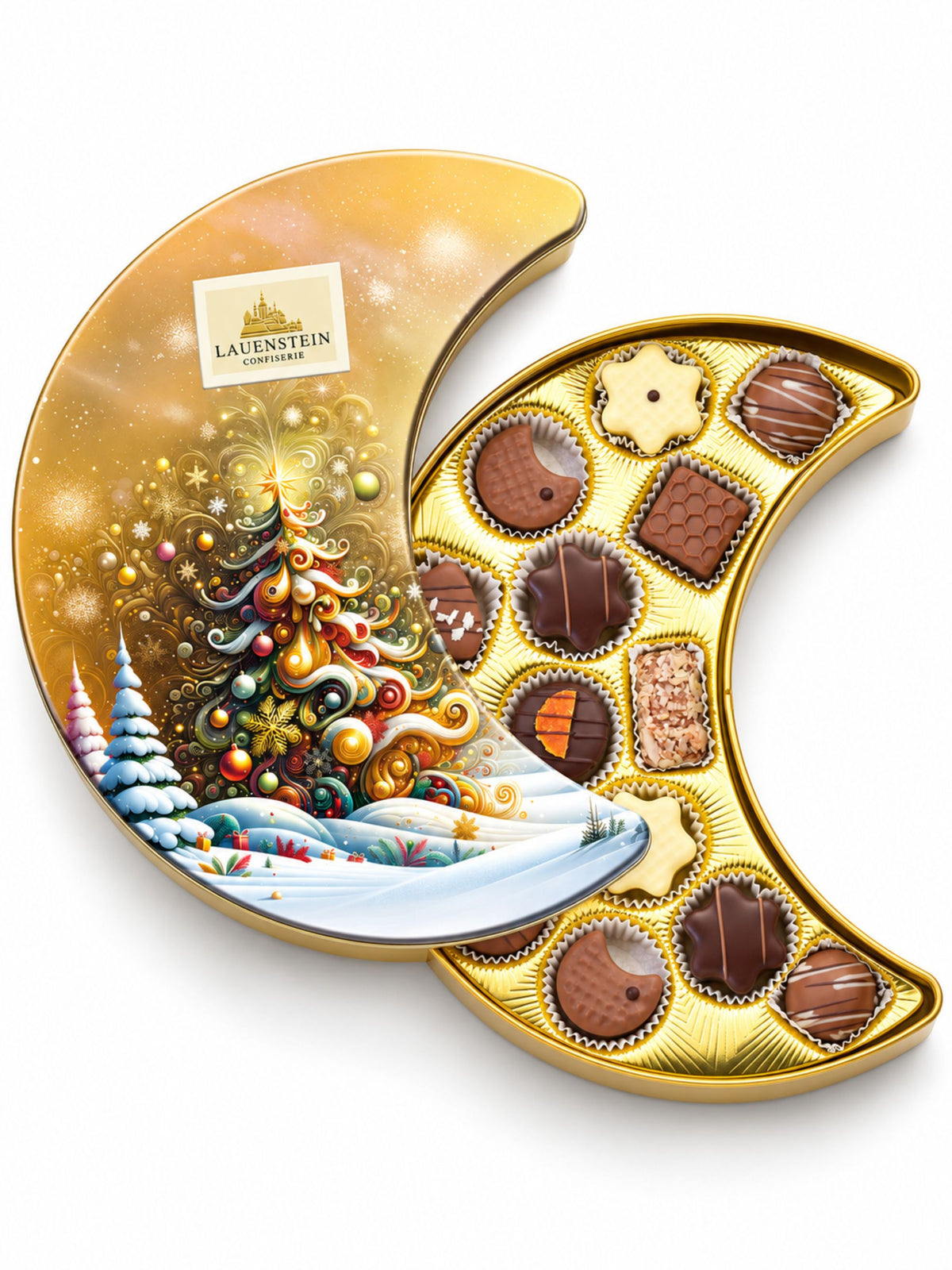 Pralinen Präsentdose Mond Gold alkoholfrei 175g von Lauenstein Confiserie mit Weihnachtsbaum und verschneiter Winterlandschaft auf goldfarbener Metalldose