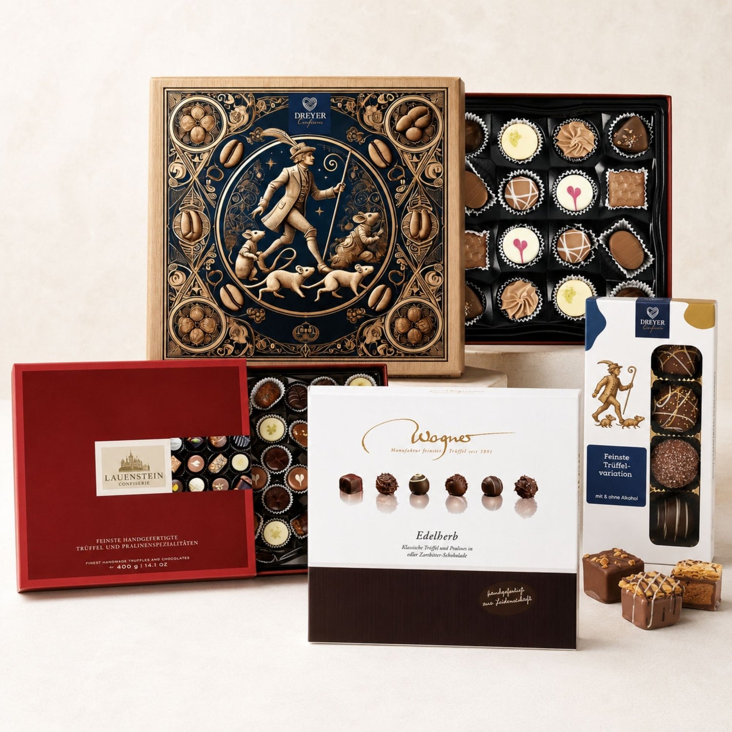 Pralinen von Lauenstein Wagner Pralinen und Dreyer Confiserie vor hellem Hintergrund
