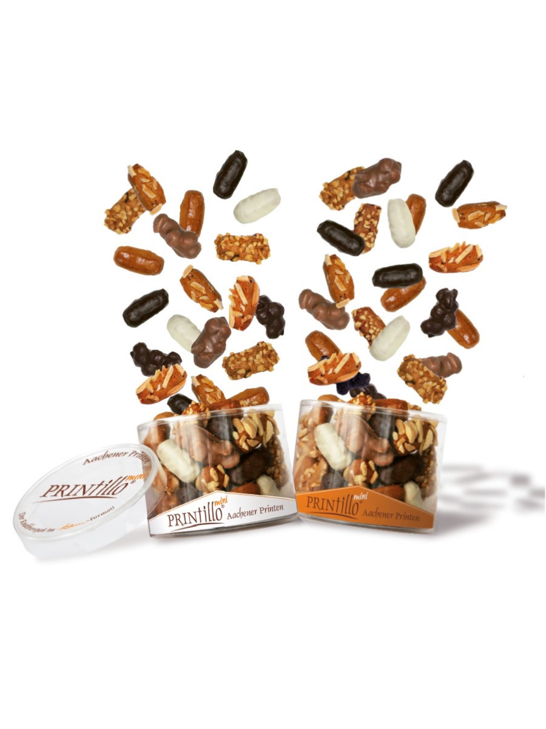 PRINtillo® Mini Mischung 200 g – feine Mini-Aachener Printen mit weißer Schokolade, Haselnüssen und Mandeln in zweifarbiger Dose, erhältlich in der Dreyer Confiserie in der Rattenfängerstadt Hameln.