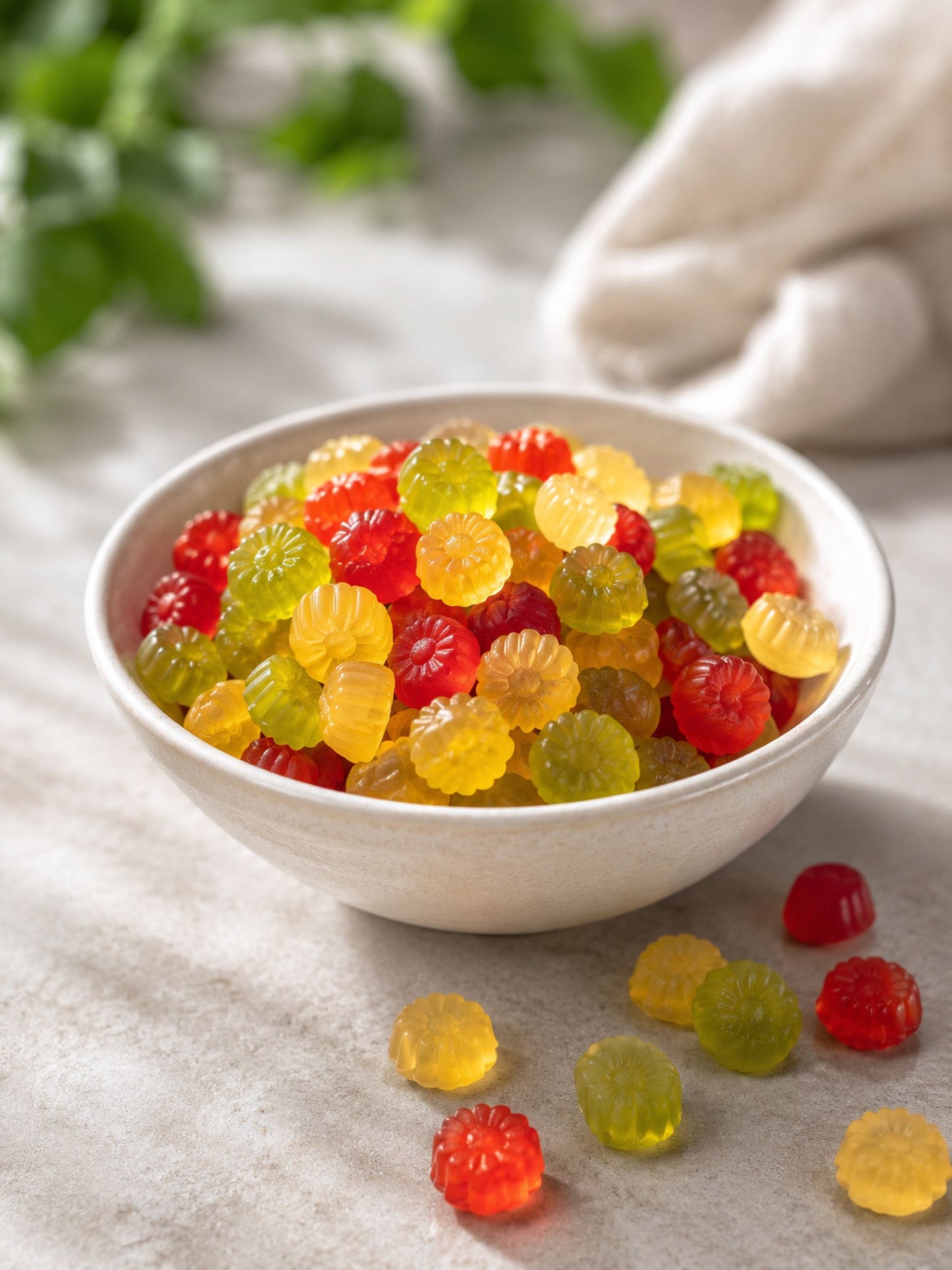 Bunte Blüten Fruchtgummi in einer Schale