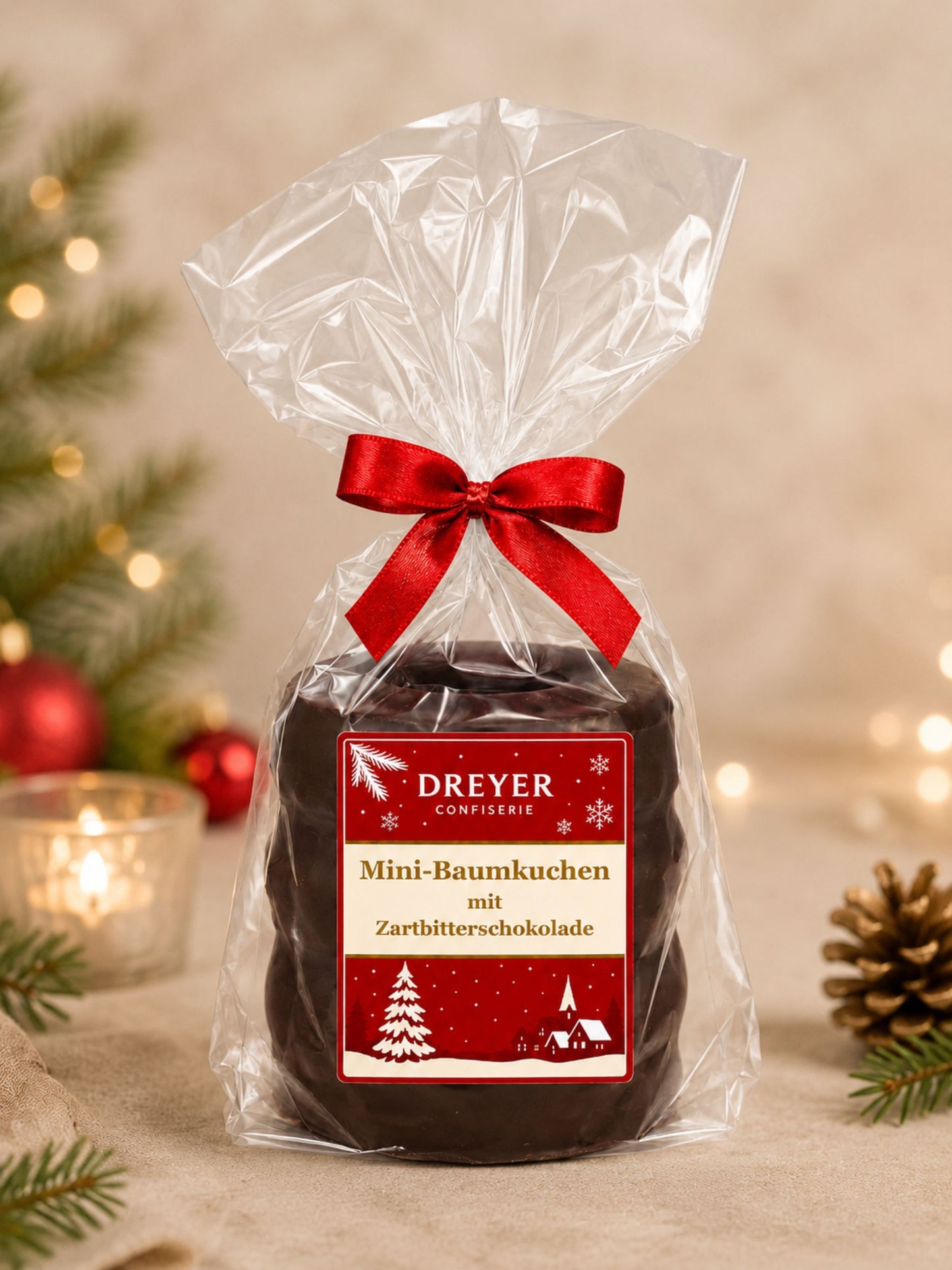 Produktbild von Mini-Baumkuchen Zartbitter 80g von Dreyer Confiserie vor weihnachtlichem Hintergrund