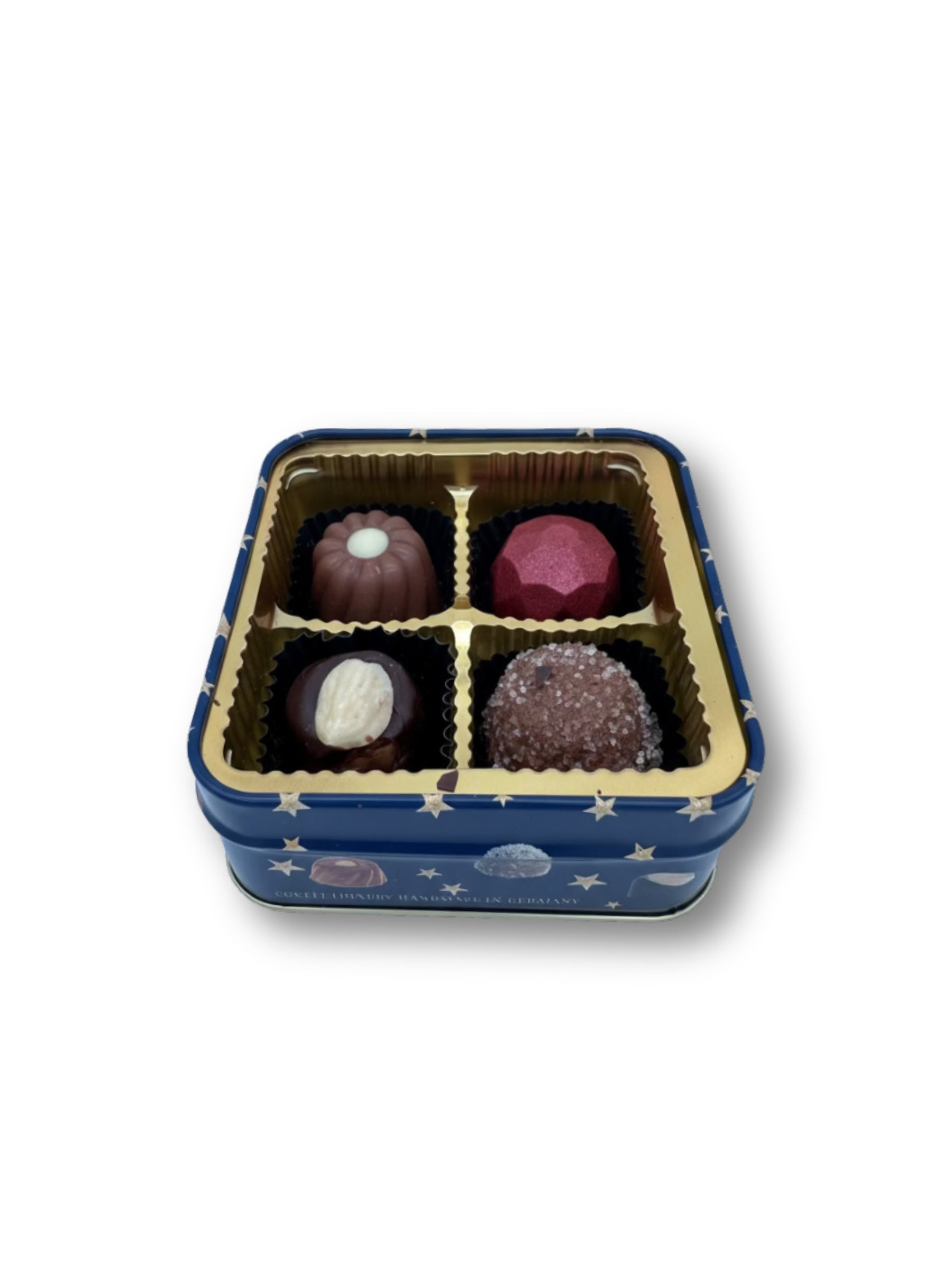 Offene Präsentdose „Süße Bescherung“ 50 g – handgefertigte Pralinenmischung aus der Confiserie Rabbel, exklusiv erhältlich bei der Dreyer Confiserie Hameln.