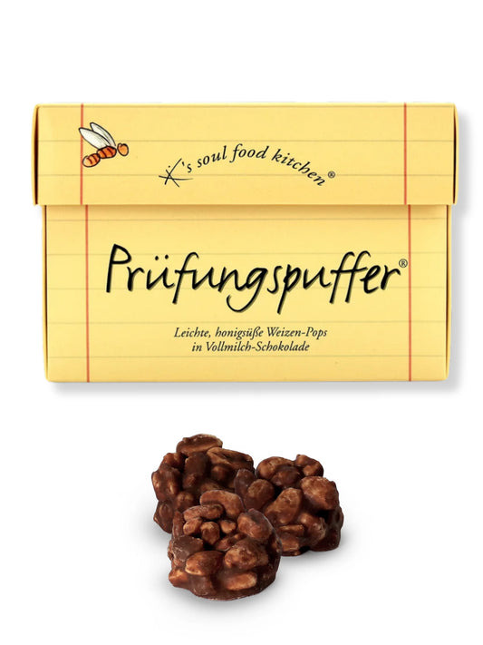Prüfungspuffer von K’s Soul Food Kitchen – Weizen-Pops mit Honig in Vollmilchschokolade, 125 g Nervennahrung für Prüfungen, erhältlich bei der Confiserie Dreyer in Hameln.