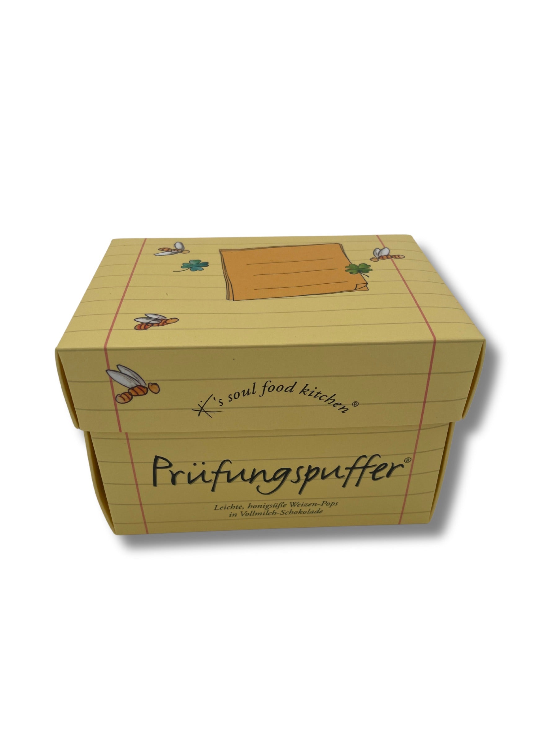 Prüfungspuffer von K’s Soul Food Kitchen – Weizen-Pops mit Honig in Vollmilchschokolade, 125 g Nervennahrung für Prüfungen, erhältlich bei der Confiserie Dreyer in Hameln.