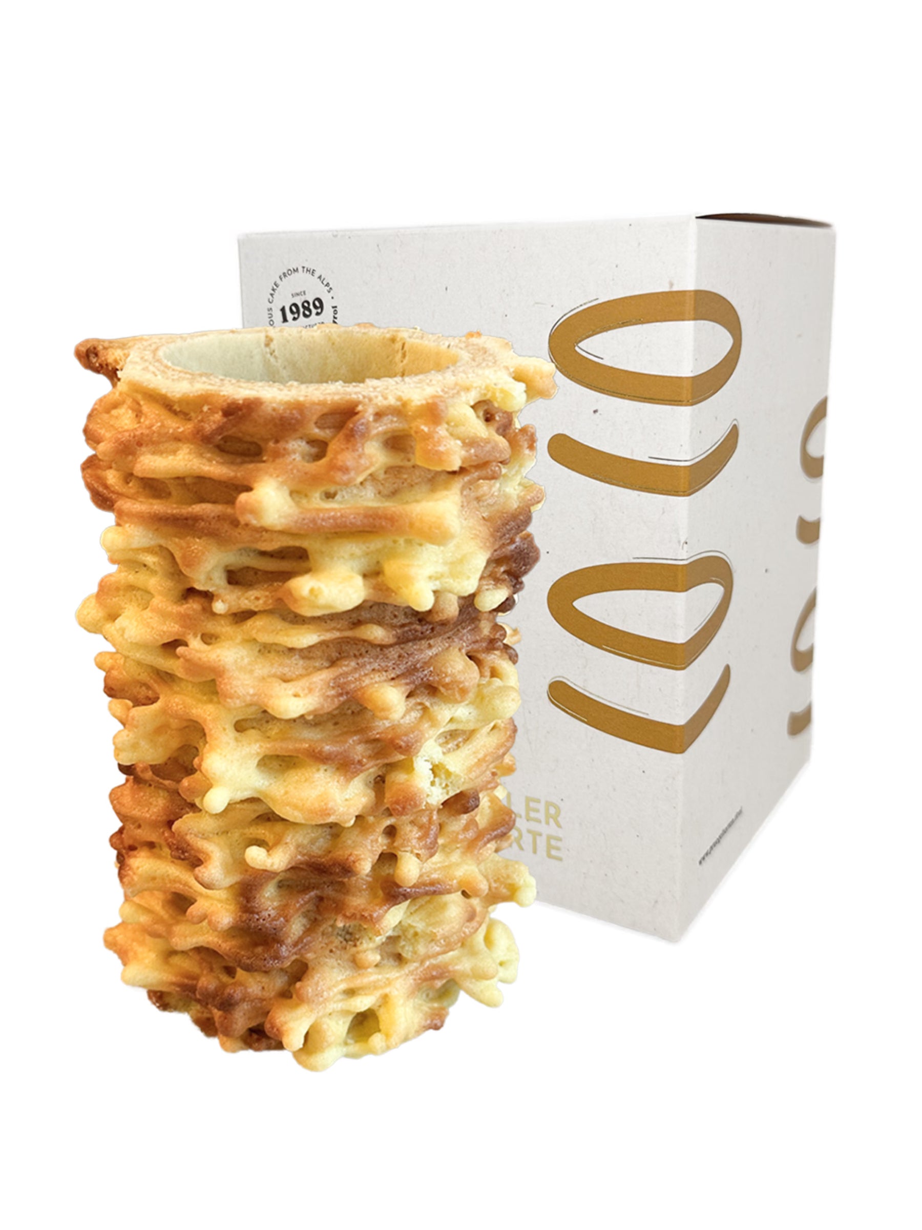 Tiroler Prügeltorte Midi 290g, handgefertigte Prügeltorte in traditioneller Tiroler Handarbeit im hochwertigen Karton, erhältlich in der Dreyer Confiserie in der Rattenfängerstadt Hameln.