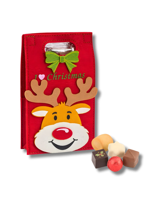 Filztasche „I love Christmas“ 125 g – adventliche Gebäck-Pralinen-Mischung in roter Filztasche, handgefertigt von der Confiserie Rabbel, erhältlich in der Dreyer Confiserie in der Rattenfängerstadt Hameln.