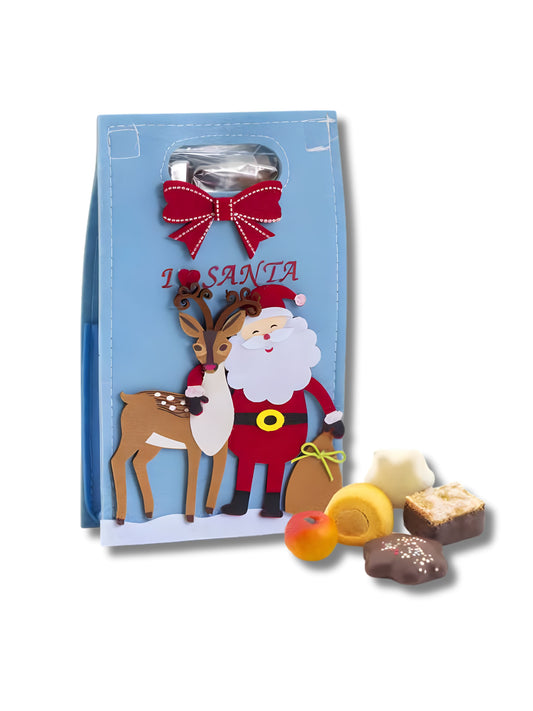 Filztasche „I love Santa“ 125 g – adventliche Gebäck-Pralinen-Mischung in dekorativer Filztasche, handgefertigt von der Confiserie Rabbel, erhältlich in der Dreyer Confiserie in der Rattenfängerstadt Hameln.