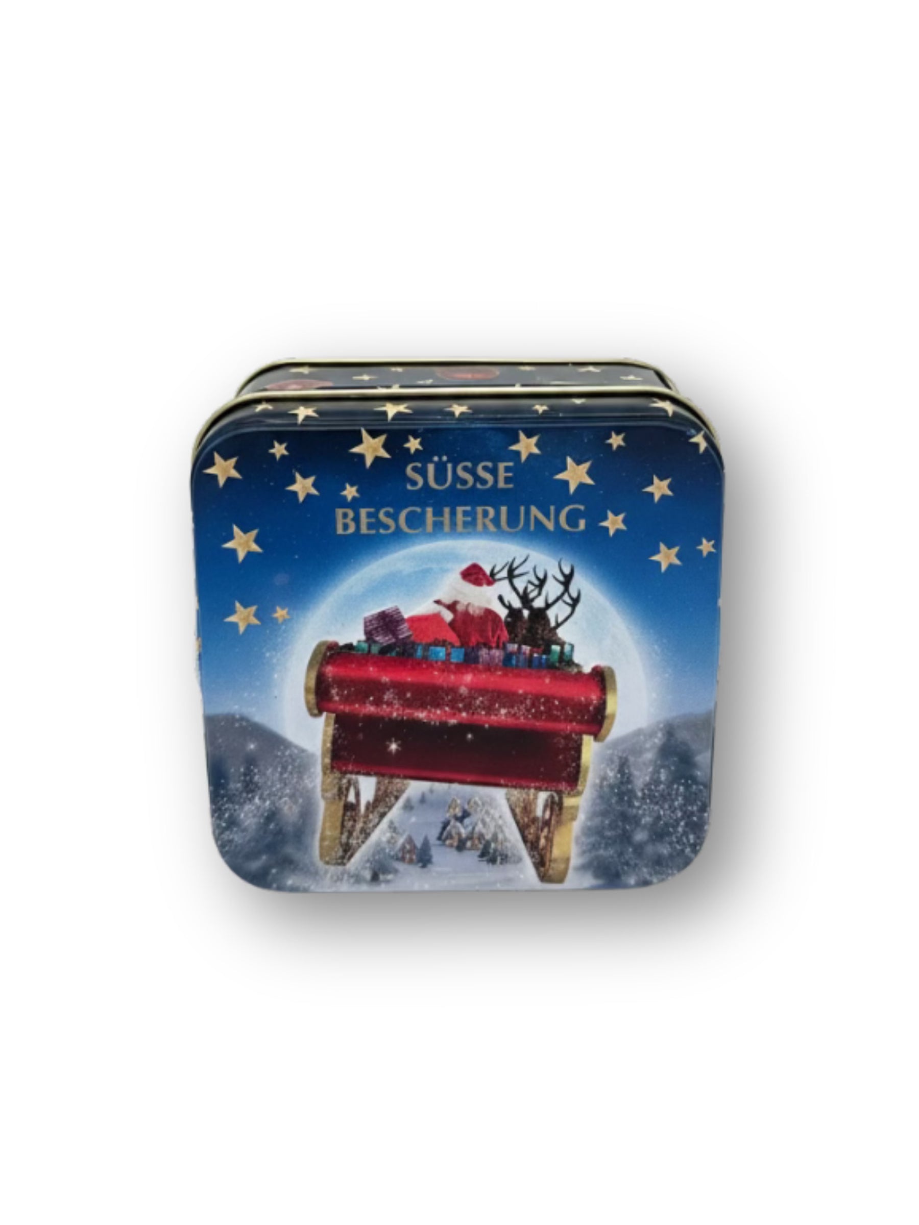 Präsentdose „Süße Bescherung“ 50 g – feine handgefertigte Pralinenmischung in festlicher Metalldose mit Weihnachtsmotiv, erhältlich bei der Dreyer Confiserie in Hameln.