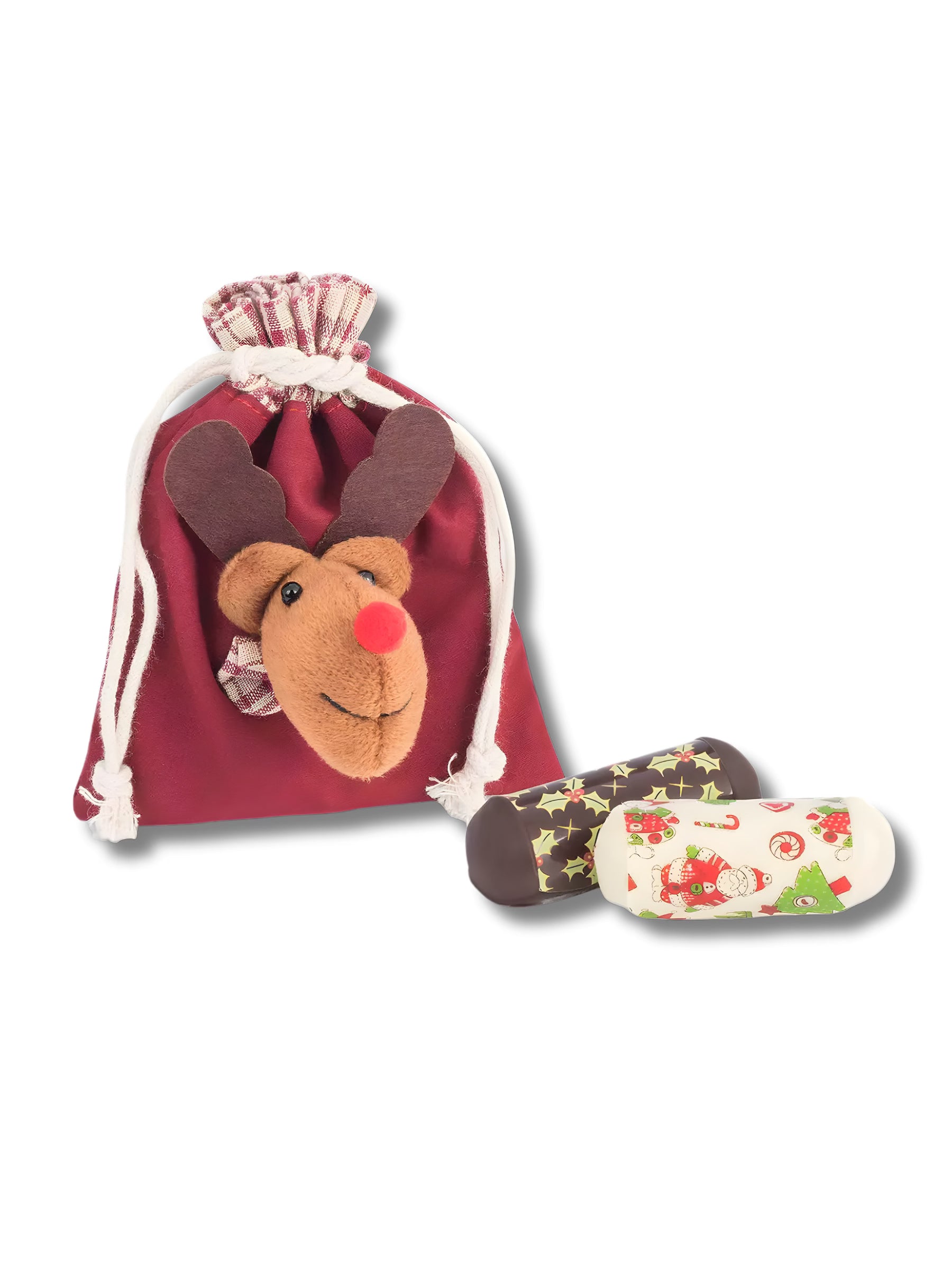 Säckchen „Elch“ 60 g – handgefertigte Marzipan-Nougat-Röllchen in dekorativem Stoffbeutel mit Elchmotiv, erhältlich bei der Dreyer Confiserie in der Rattenfängerstadt Hameln.