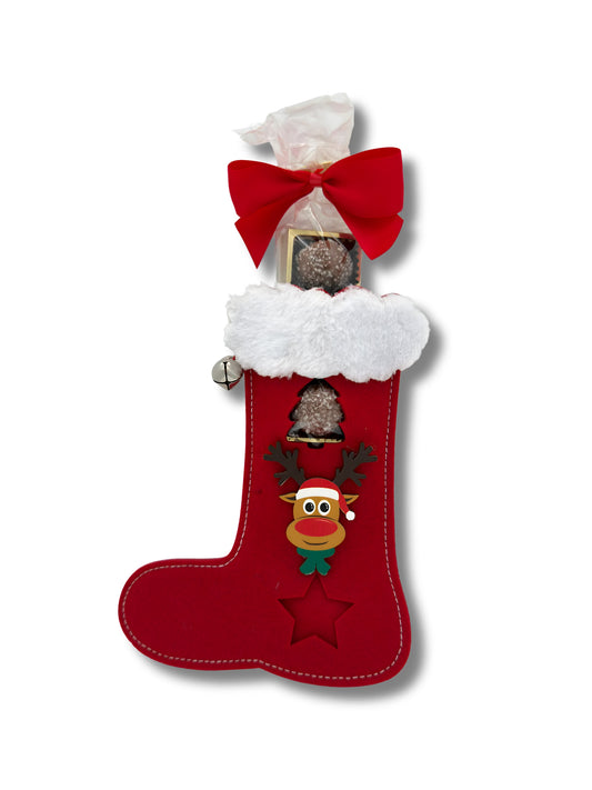 Türanhänger „Nikolausstiefel“ 37,5 g – handgefertigte Pralinenmischung ohne Alkohol in festlicher Nikolausstiefel-Verpackung, erhältlich in der Dreyer Confiserie in der Rattenfängerstadt Hameln.