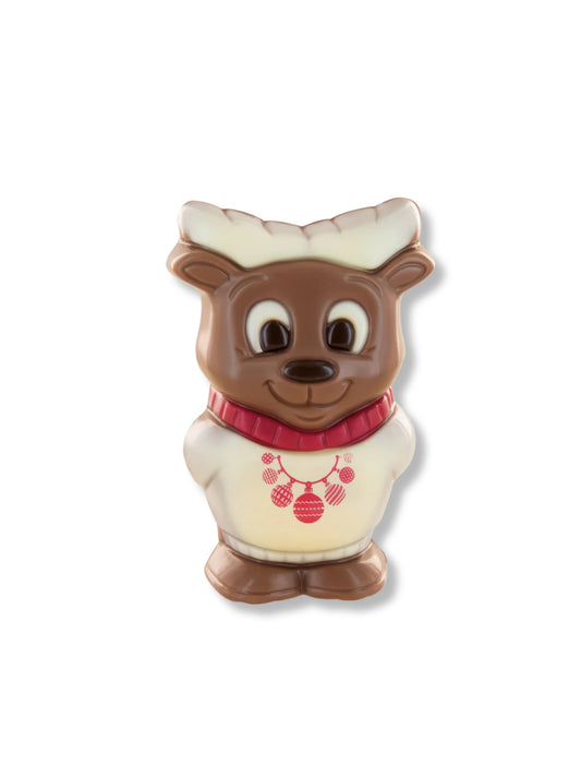 Rentier Schokolade „Lee“ 40g von Belfine – liebevoll dekorierte Schokoladenfigur aus Vollmilch-, weißer und Zartbitterschokolade, erhältlich in der Dreyer Confiserie in der Rattenfängerstadt Hameln.