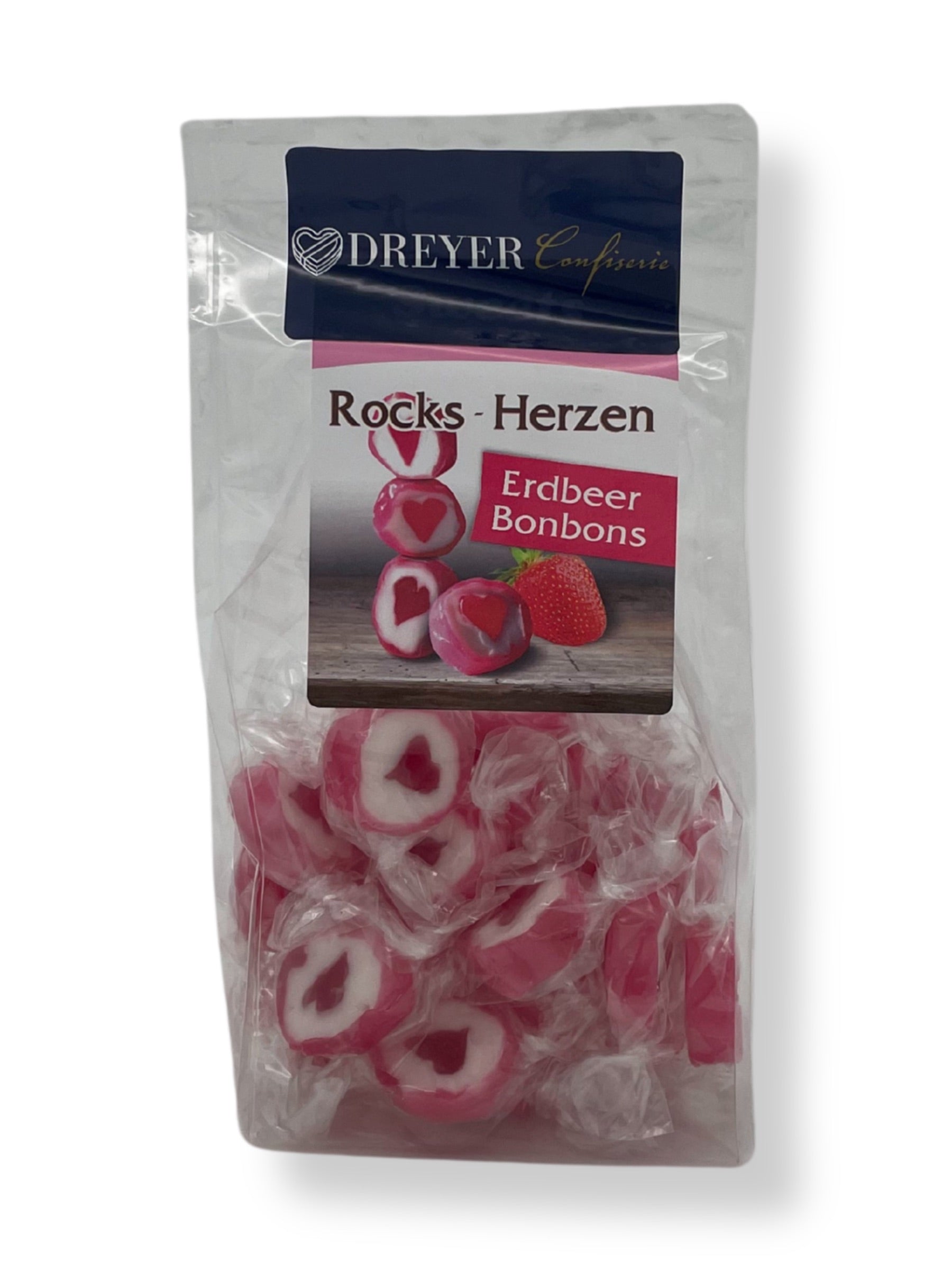 Handgemachte Rocks Herzen Bonbons mit fruchtigem Erdbeergeschmack in Herzform – 125g Beutel.
