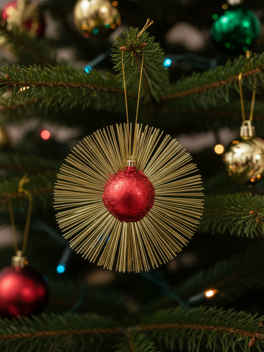 Flimmerstern Rot aus Vollmilchschokolade 10g mit goldenem Lametta und Aufhänger, essbarer Christbaumschmuck, erhältlich in der Dreyer Confiserie in Hameln.