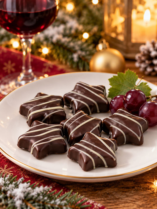 Rotwein-Sterne mit Bitterschokolade von Dreyer Confiserie in festlicher Weihnachtsdekoration