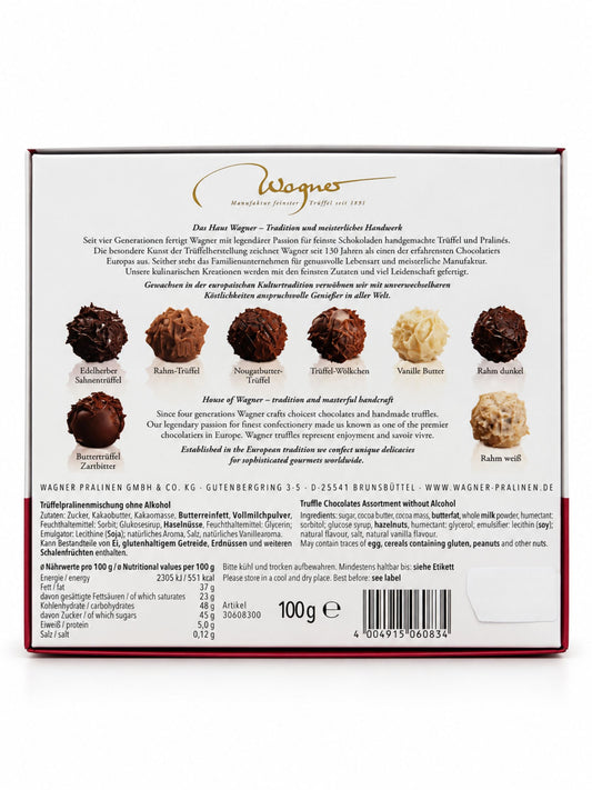 Rückseite und Inhalt von Wagner Trüffelpralinés Harmonie Merry Christmas Bulli 100 g