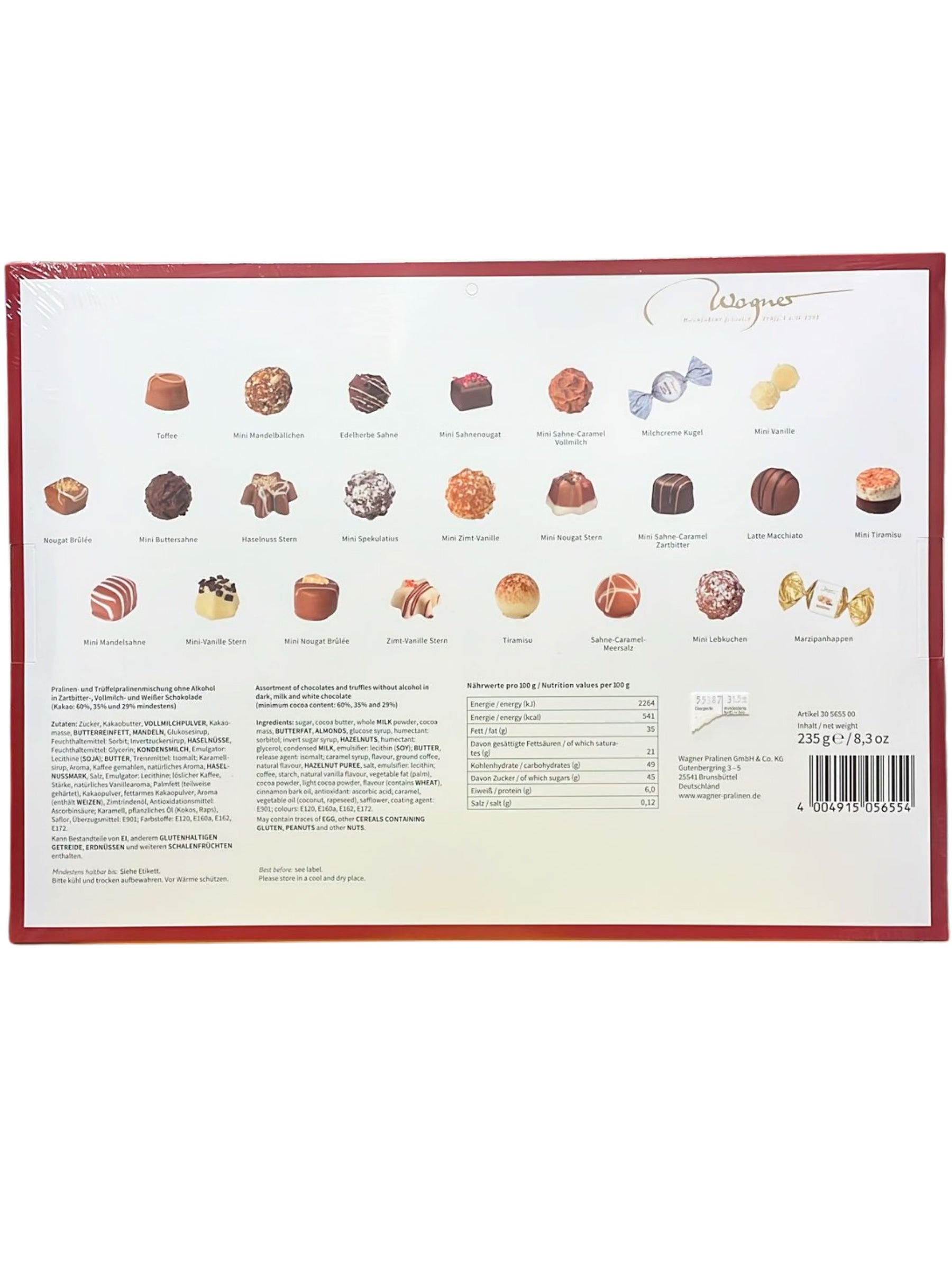 Rückseite mit Inhaltstoffen und Nährwerten von Wagner Pralinen Adventskalender „Weihnachtsmarkt“ 235 g – edler Adventskalender mit 24 handgefertigten Pralinen und Trüffeln ohne Alkohol.