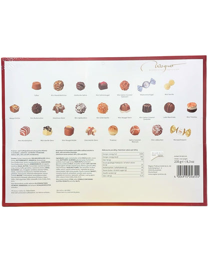 Rückseite mit Inhaltstoffen und Nährwerten von Wagner Pralinen Adventskalender „Weihnachtsmarkt“ 235 g – edler Adventskalender mit 24 handgefertigten Pralinen und Trüffeln ohne Alkohol.