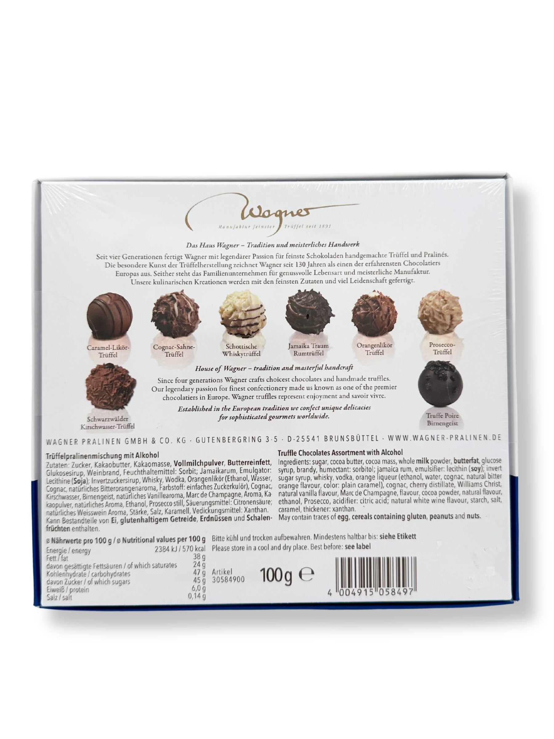 Rückseite und Abbildung der enthaltenen Trüffel von Wagner Trüffelpralinés „Frohe Weihnachten“ 100g Kassik. 