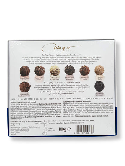 Rückseite und Abbildung der enthaltenen Trüffel von Wagner Trüffelpralinés „Frohe Weihnachten“ 100g Kassik. 