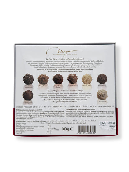 Rückseite und Inhalt von Wagner Trüffelpralinés Harmonie Merry Christmas Bulli 100 g, handgefertigte alkoholfreie Pralinenmischung in edler Geschenkbox mit VW-Bulli-Weihnachtsmotiv, erhältlich in der Dreyer Confiserie in der Rattenfängerstadt Hameln.