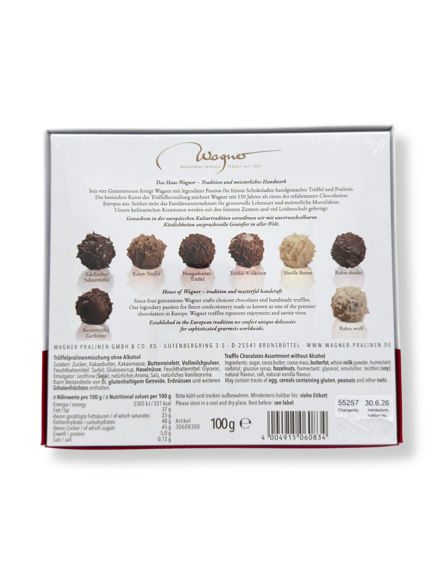 Rueckseite und Inhalte von Wagner Trüffelpralinés Harmonie „Weihnachtswichtel“ 100 g, handgefertigte alkoholfreie Pralinenmischung in festlicher Geschenkverpackung, erhältlich in der Dreyer Confiserie in der Rattenfängerstadt Hameln.
