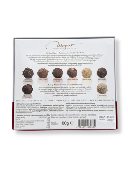 Rueckseite und Inhalte von Wagner Trüffelpralinés Harmonie „Weihnachtswichtel“ 100 g, handgefertigte alkoholfreie Pralinenmischung in festlicher Geschenkverpackung, erhältlich in der Dreyer Confiserie in der Rattenfängerstadt Hameln.