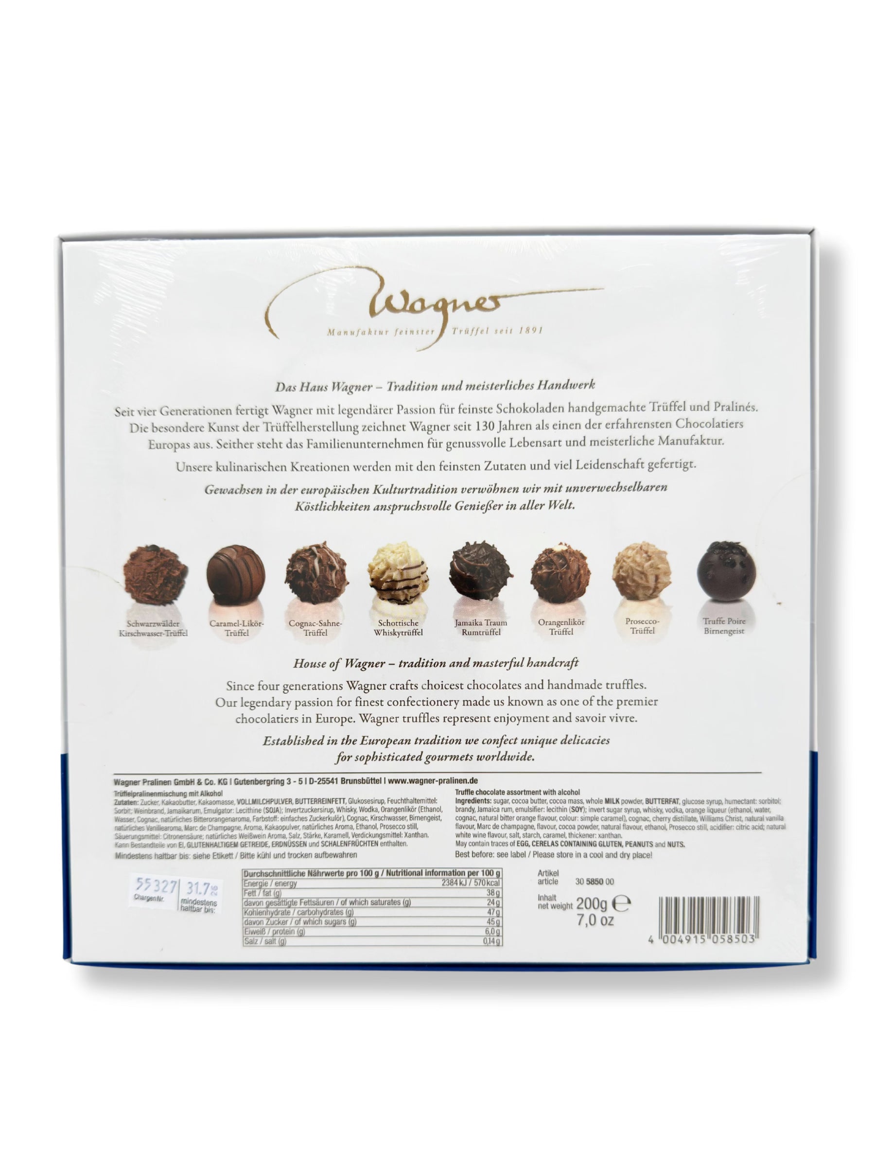Rückseite und enthaltene Trüffelpralines von Wagner Trüffelpralinés Klassik Frohe Weihnachten 200 g, handgefertigte Pralinenmischung mit feinen Trüffeln und edlen Spirituosen, erhältlich in der Dreyer Confiserie in der Rattenfängerstadt Hameln.