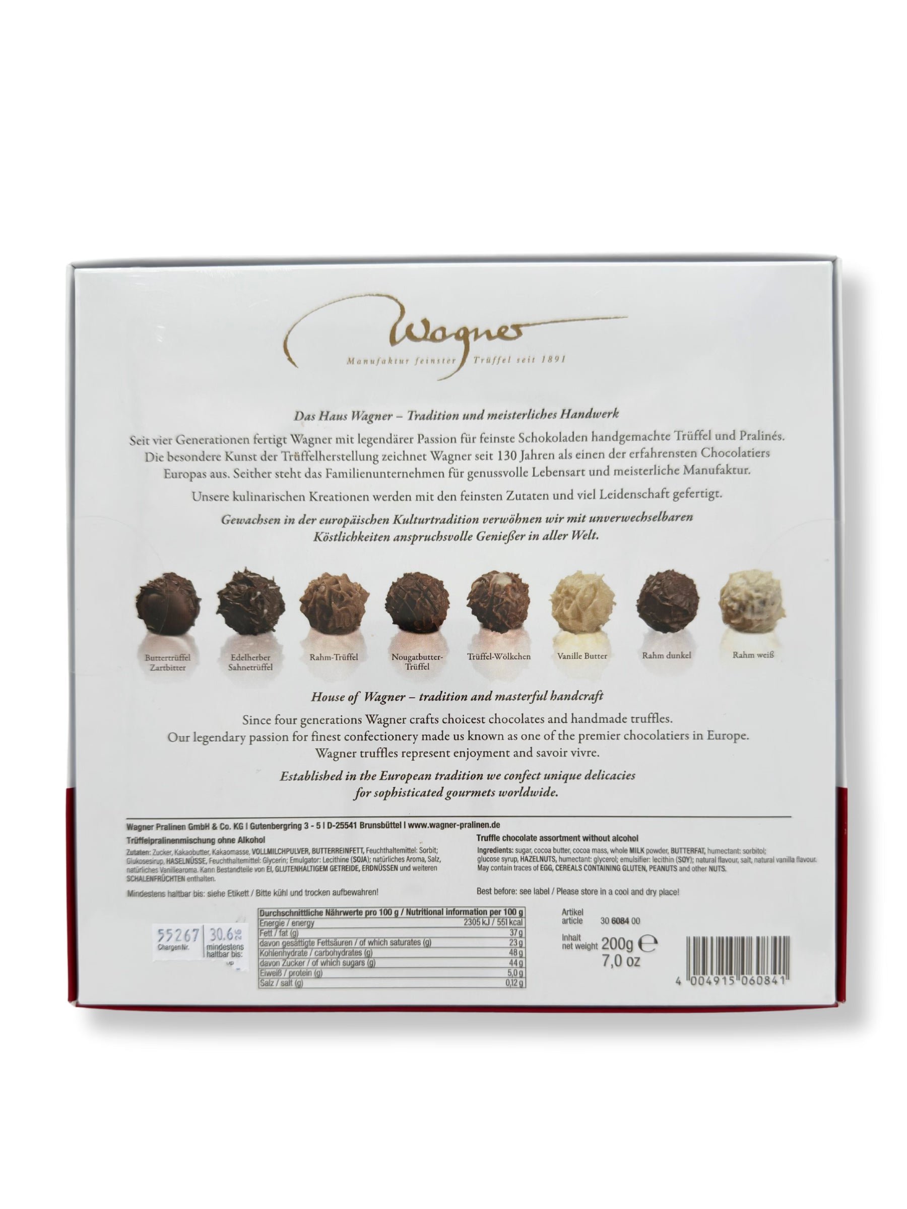 Rückseite von Wagner Trüffelpralinés Merry Christmas Bulli 200 g, handgefertigte alkoholfreie Trüffelpralinen in edler Geschenkbox mit VW-Bulli-Weihnachtsmotiv, erhältlich in der Dreyer Confiserie in der Rattenfängerstadt Hameln.