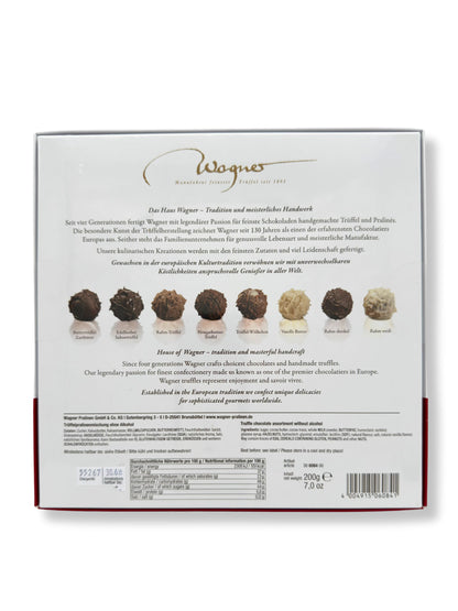 Rückseite von Wagner Trüffelpralinés Merry Christmas Bulli 200 g, handgefertigte alkoholfreie Trüffelpralinen in edler Geschenkbox mit VW-Bulli-Weihnachtsmotiv, erhältlich in der Dreyer Confiserie in der Rattenfängerstadt Hameln.