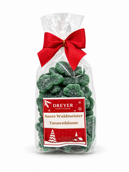 Saure Waldmeister Tannenbäume 250g von Dreyer Confiserie in weihnachtlicher Verpackung