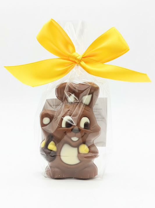 Schokoladen-Hase „Noèmi“ 40g von Sweet-Konzept, niedliche Schokofigur aus Edelvollmilch-Schokolade in Folie mit gelber Schleife, erhältlich in der Dreyer Confiserie in der Rattenfängerstadt Hameln.